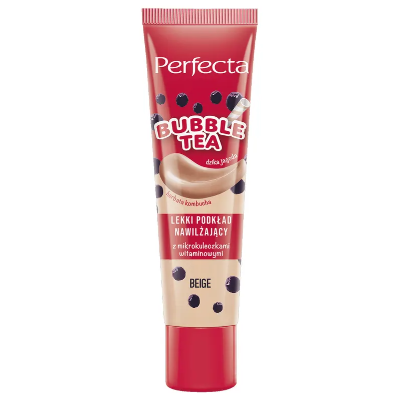 Perfecta Bubble Tea Beige lekki podkład nawilżający do twarzy ze średnim kryciem, kombuchą, dziką jagodą, witaminą C i pantenolem 30 ml