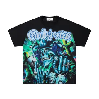 MAJESTIK High Street Skull Print Beaded Short-Sleeved T-Shirt - Loose-Fitting, Retro-Washed, Casual, Trendy for Men and Women