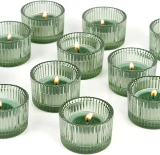Świeczniki szklane 12 szt. zielone pionowy wzór na tealight