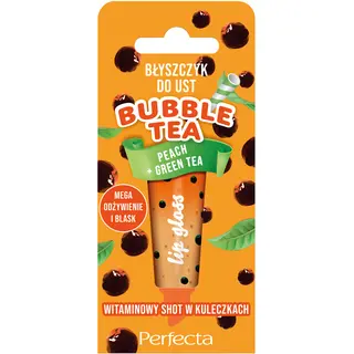 Perfecta Bubble Tea Peach + Green Tea błyszczyk do ust z masłem shea, olejem rycynowym, olejem migdałowym, ekstraktem z zielonej herbaty i witaminami C, E, F 10 g