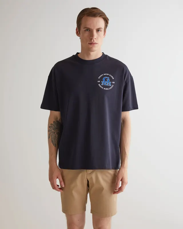 Gant Bawełniany T-Shirt Męski Z Nadrukiem Oversize Fit Granatowy