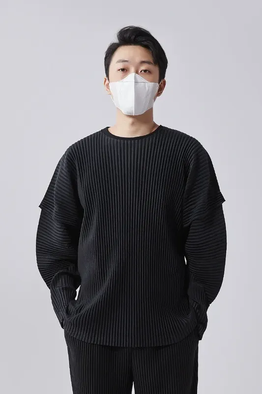 Miyake Pleated T-shirts Stitching Long Sleeve Round Neck Shirt Top Fashion Casual Loose Shirts Men Clothing
