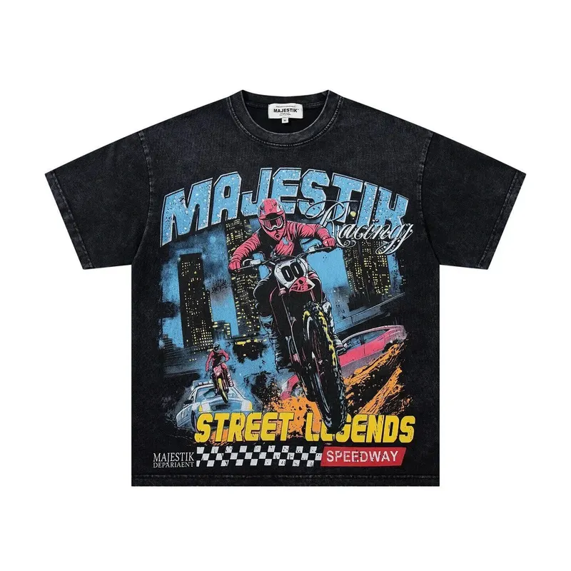 MAJESTIK American Retro Racing Print Beaded Short-Sleeved T-Shirt - Loose Fit Vintage Distressed Men's and Women's Top Trendy