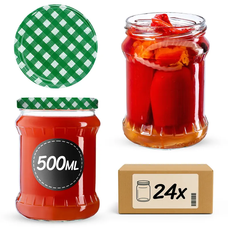 Słoiki na przetwory Kisko 500ml 24szt fi 82 mm + wieczka "Zielona Krata"