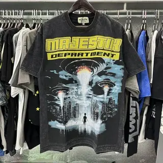 MAJESTIK Retro Technology Printed Washed Vintage Cross-border Trend Men's and Women's Loose Short-Sleeved T-Shirt