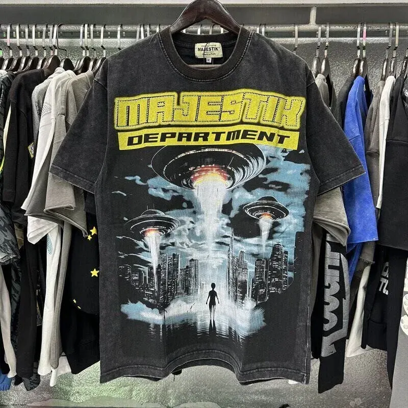 MAJESTIK Retro Technology Printed Washed Vintage Cross-border Trend Men's and Women's Loose Short-Sleeved T-Shirt