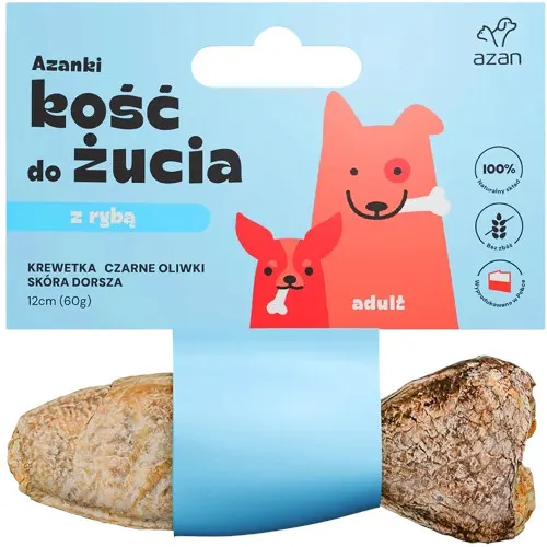 AZANKI Kość z krewetką i czarnymi oliwkami w skórze dorsza o kształcie ryby - przysmak dla psa - 12cm