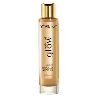 Yoskine Natural Glow rozświetlający olejek do ciała, twarzy i włosów z olejem migdałowym, macadamia, pestek winogron, witaminą E i złocistymi drobinkami 100 ml