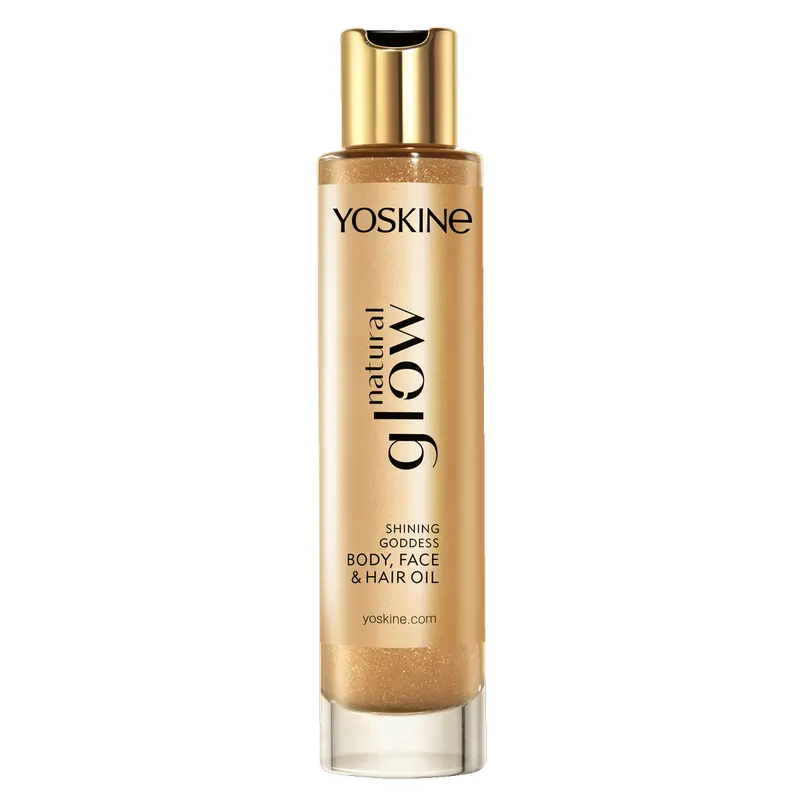 Yoskine Natural Glow rozświetlający olejek do ciała, twarzy i włosów z olejem migdałowym, macadamia, pestek winogron, witaminą E i złocistymi drobinkami 100 ml