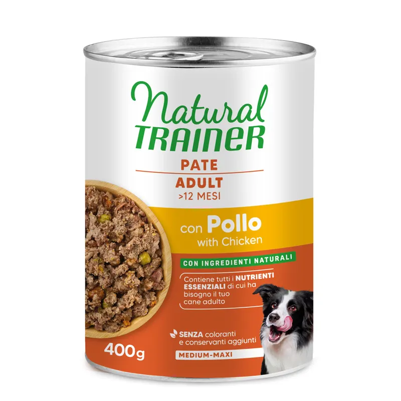 9 + 3 gratis! Natural Trainer, karma mokra, 12 x 400 g / 415 g Pate Medium & Maxi Adult, kurczak, 12 x 400 g