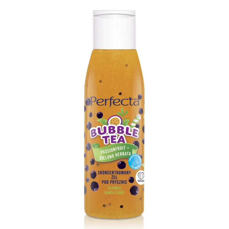 Perfecta Bubble Tea skoncentrowany żel pod prysznic Passionfruit + Zielona Herbata MINI z ekstraktem z cytrusów, zieloną herbatą i hydrożelowymi kulkami 100 ml