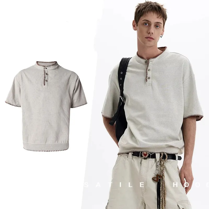 henry neck t-shirt men's t-shirts and tank tops men's vintage hand sewn women's loose casual vintage T-shirt