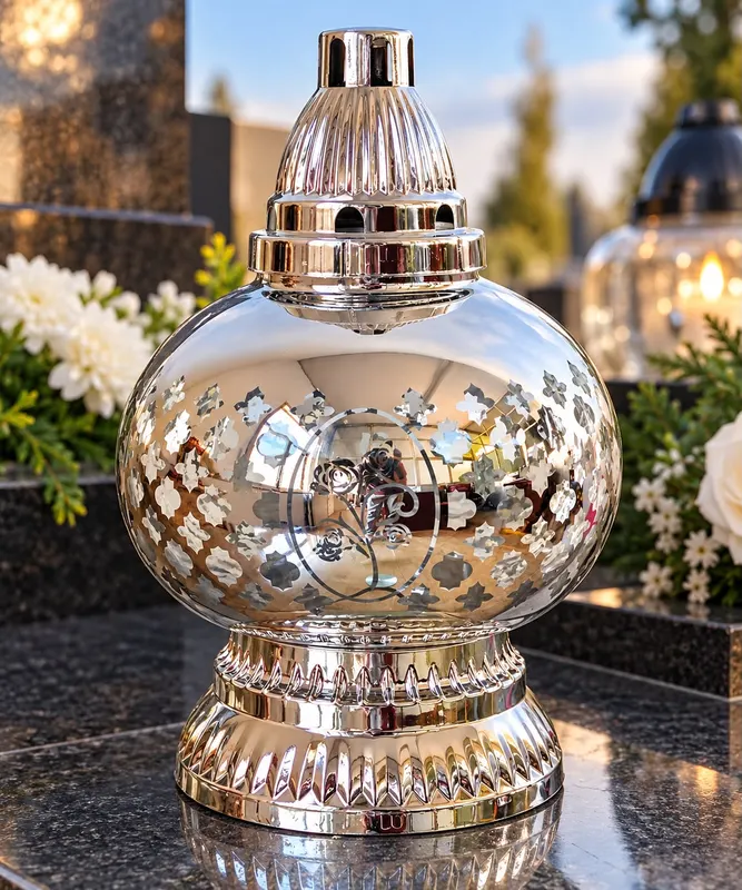 ZNICZ KULA METALIK SREBRO – ELEGANCKI LAMPION 28 CM