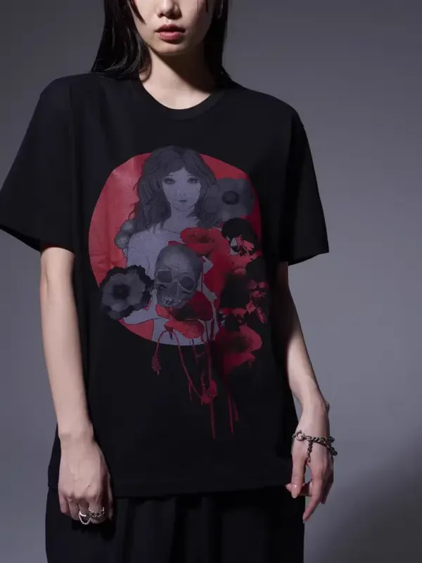 YAMAMOTO-Style T-shirt ,HighQuality Dark Theme "Red Skull" Pattern Print,100% Cotton Loose Short-Sleeved