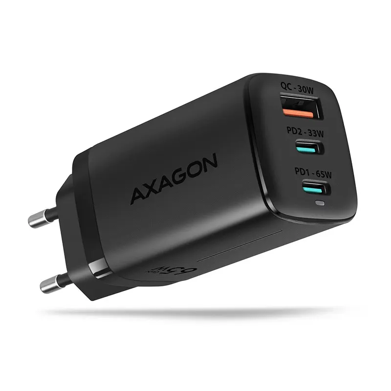 AXAGON ACU-DPQ65 Ładowarka sieciowa GaN 65W, 3x port (USB-A + dual USB-C), PD3.0/QC4+/PPS/Apple, czarna