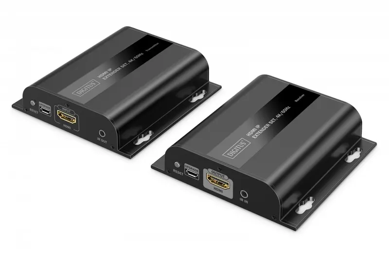 Digitus Przedłużacz (extender) po skrętce kat.6 HDMI 4K/60Hz przez IP 1G lub do 120m/200m, max. 253 odbiorniki, sterowanie IR - zestaw (odbiornik/nada