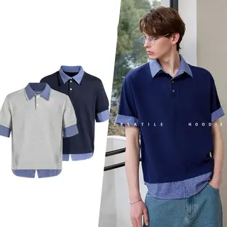 Off Campus Same Style Campus Style Short Sleeves Fake two piece patchwork grid polo collar short sleeved shirt