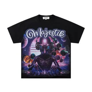 MAJESTIK Retro Beaded Alien Print Short-Sleeved T-Shirt - Loose-Fitting Casual Round-neck Top for Men and Women - Summer