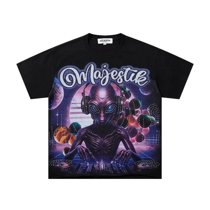 MAJESTIK Retro Beaded Alien Print Short-Sleeved T-Shirt - Loose-Fitting Casual Round-neck Top for Men and Women - Summer