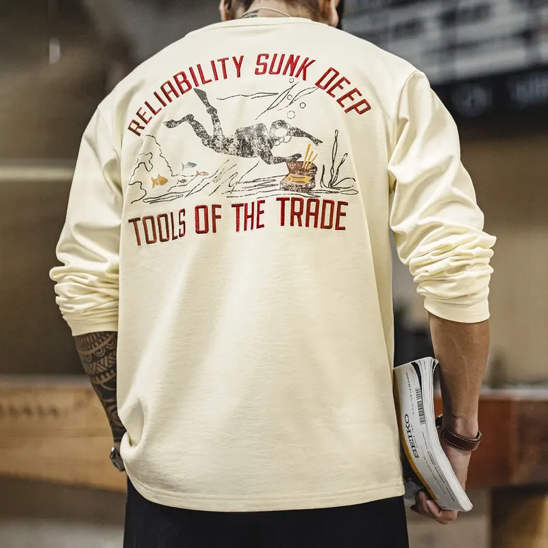 MADEN Men's White Long Sleeve T-Shirt 100% Cotton Crew Neck Embroidered Printed Base Layer Undershirt Casual Autumn Mens Tops