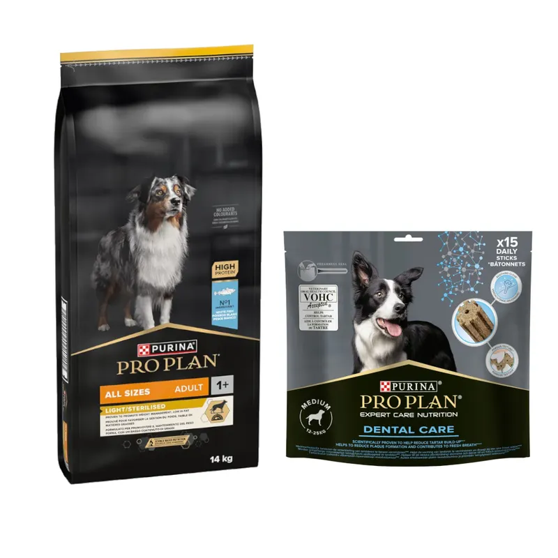 PURINA PRO PLAN: karma sucha dla psa, 12 kg / 14 kg + przysmaki dla psa gratis! - All sizes Adult Light Sterilised, ryba, 14 kg + Dental Care Medium Dog, 345 g