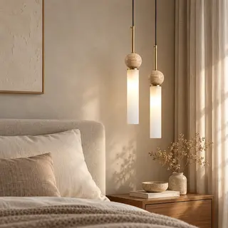 TAVÉRA – minimalistyczna lampa wisząca z naturalnym trawertynem i mlecznym kloszem