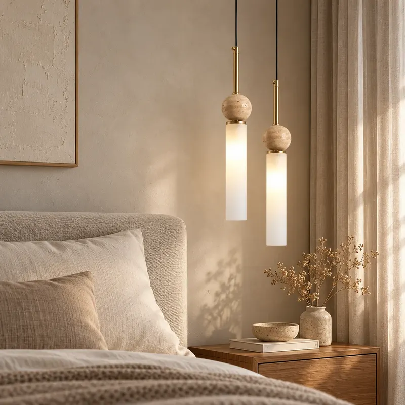 TAVÉRA – minimalistyczna lampa wisząca z naturalnym trawertynem i mlecznym kloszem