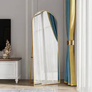 Łukowate lustro do makijażu ze szkła hartowanego z ramą ze stopu aluminium, 1620 × 530 mm, kolor złoty