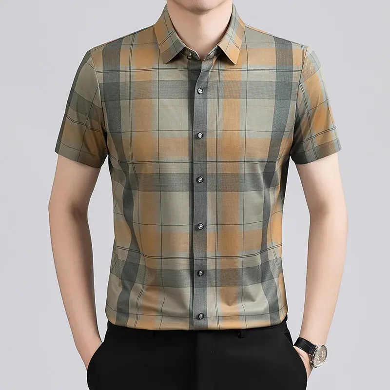 Linen Men's Shirt New Fashion Plaid Short-sleeved Shirt Lapel Linen Shirt Men's