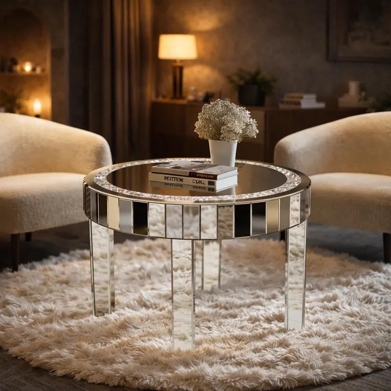 CRYSTALLIA – Okrągły stolik kawowy glamour z lustrzanym blatem i kruszonymi kryształami 60 cm