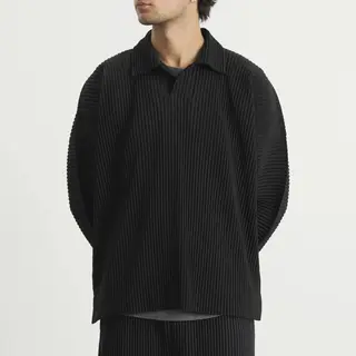 Miyake Plisse Pleated Men's Long Sleeve Polo Shirt Japanese Style Loose Fit Lapel Stretch Casual Streetwear Fashion Top