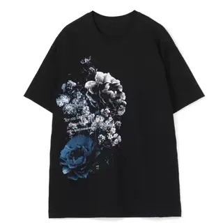 YAMAMOTO-Style T-shirt ,HighQuality Dark Theme"Blue Forest Flowers" Pattern Printed,100% Cotton Loose Short-Sleeved