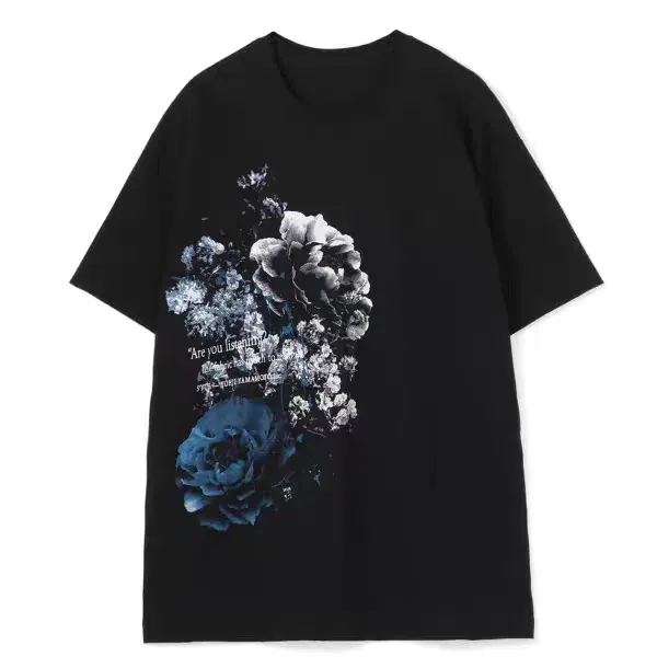 YAMAMOTO-Style T-shirt ,HighQuality Dark Theme"Blue Forest Flowers" Pattern Printed,100% Cotton Loose Short-Sleeved