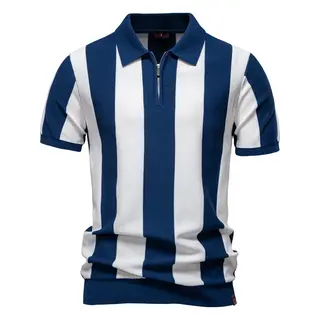 Men's Striped Knit Polo Shirt New Summer Lapel Short Sleeve Mens Top Gentleman Smart Casual Knit Polo