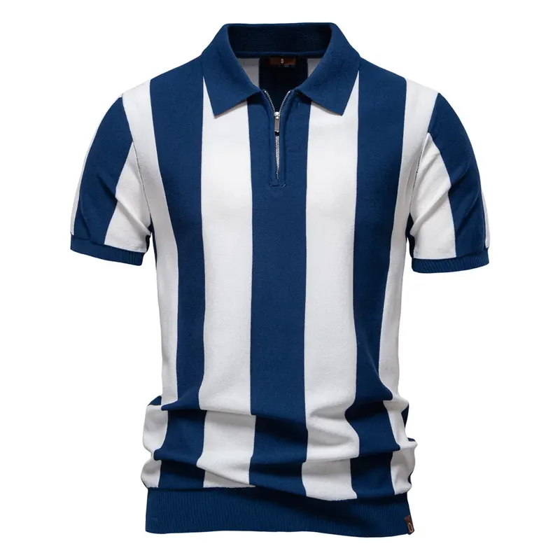 Men's Striped Knit Polo Shirt New Summer Lapel Short Sleeve Mens Top Gentleman Smart Casual Knit Polo