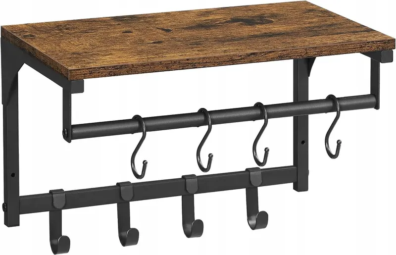 Wieszak ŚCIENNY wiszący Z PÓŁKĄ 40 x 24 cm vintage LOFT drążek +8 HACZYKÓW