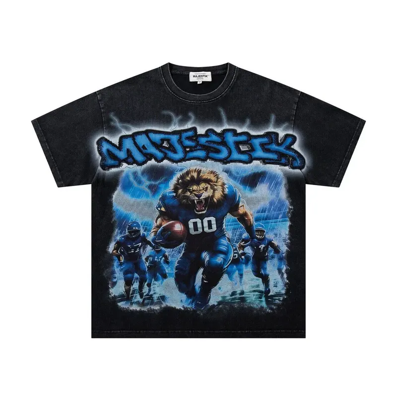 MAJESTIK Lion Print Short-Sleeve T-Shirt - Men's and Women's Washed and Weathered Loose-Fitting Street Style Beaded Casual Shirt