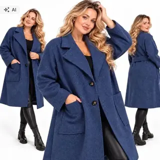 PŁASZCZ damski BOYFRIEND MIĘKKI CIEPŁY z paskiem granat jeans 50 52 5xl 6xl