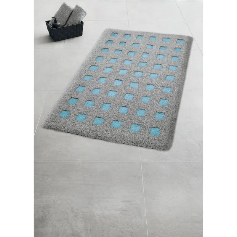 Kleine wolke boxes dywanik łazienkowy kwadraty szary niebieski opal 60x90 cm poliakryl antypoślizgow