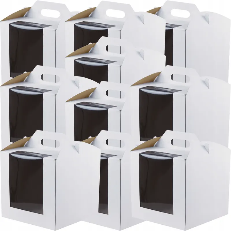 10x Karton pudełko na tort z rączką 26x26x25 cm z oknem BIAŁE opakowanie