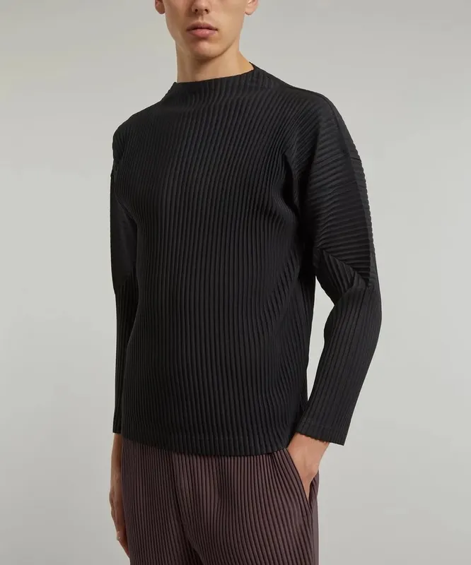 Miyake Pleated Man Long Sleeve T-Shirt Fashion Classic Black Turtleneck Top
