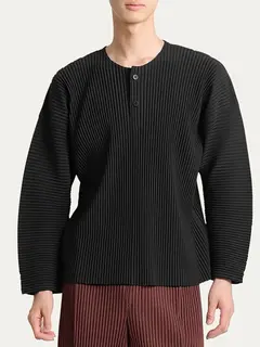 Miyake Pleated Men's Henley Neck T-Shirt Long Sleeve Casual Top Minimalist Fashion