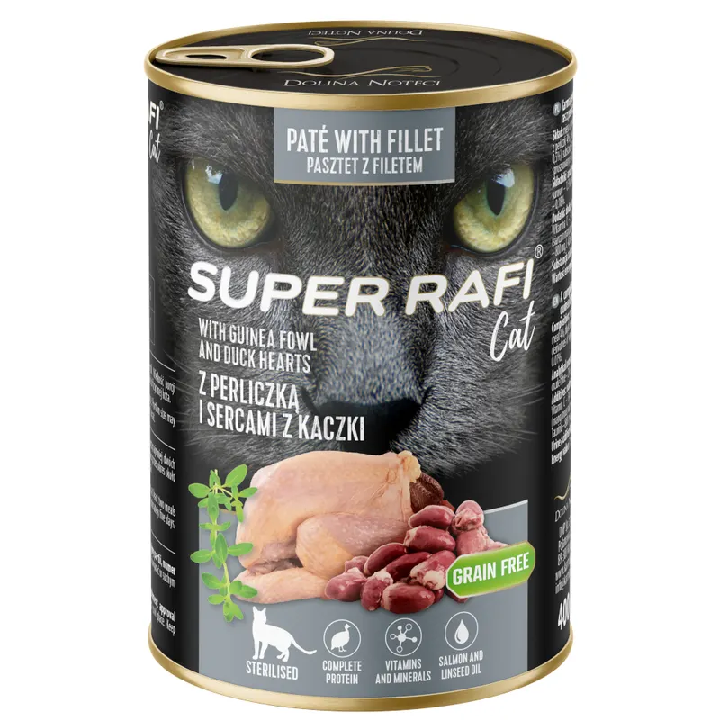 Super Rafi Sterilised Cat, 12 x 400 g - Perliczka i kacze serca