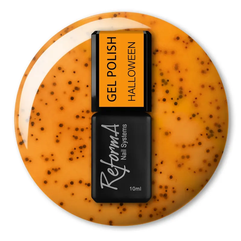 Żółty, pomarańczowy lakier hybrydowy w czarne kropki, confetti - GP Halloween, 10 ml