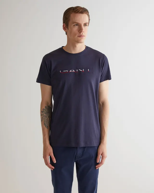 Gant T-Shirt Męski Z Nadrukiem İ Okrągłym Kołnierzykiem Regular Fit
