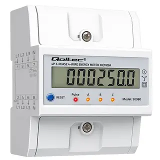 Qoltec Trójfazowy elektroniczny licznik z resetem | miernik zużycia energii na szynę DIN | 400V | 100A | LCD | LED | 4P