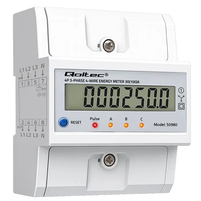 Qoltec Trójfazowy elektroniczny licznik z resetem | miernik zużycia energii na szynę DIN | 400V | 100A | LCD | LED | 4P