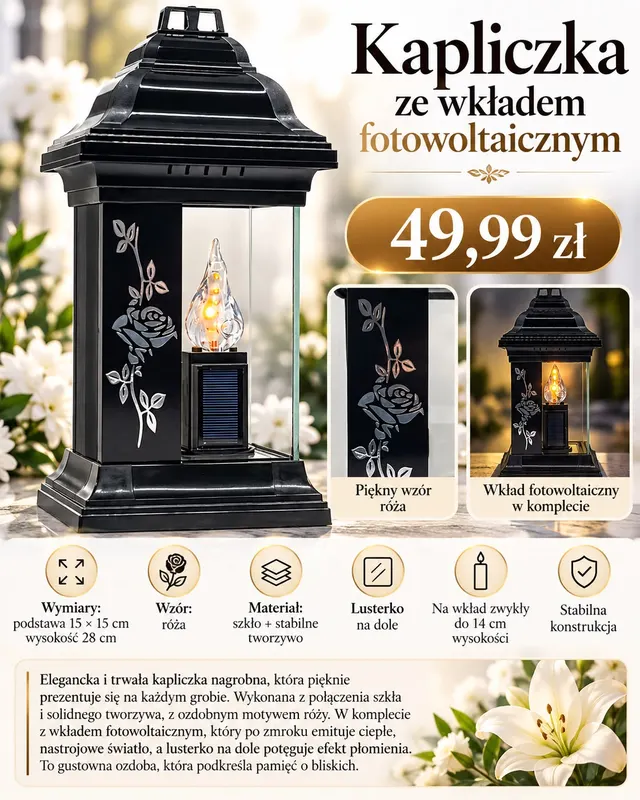 KAPLICZKA ZNICZ NAGROBNY Z WKŁADEM FOTOWOLTAICZNYM – RÓŻA