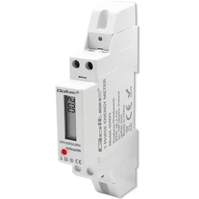 Qoltec Jednofazowy elektroniczny licznik | miernik zużycia energii na  szynę DIN | 230V | 30A | LCD | 1P