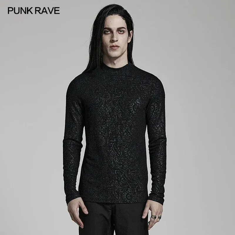 PUNK RAVE Men's Gothic Daily Turtlenecks Simple Printed T-shirt Punk Handsome Cool Long Sleeve Tops Spring Autumn